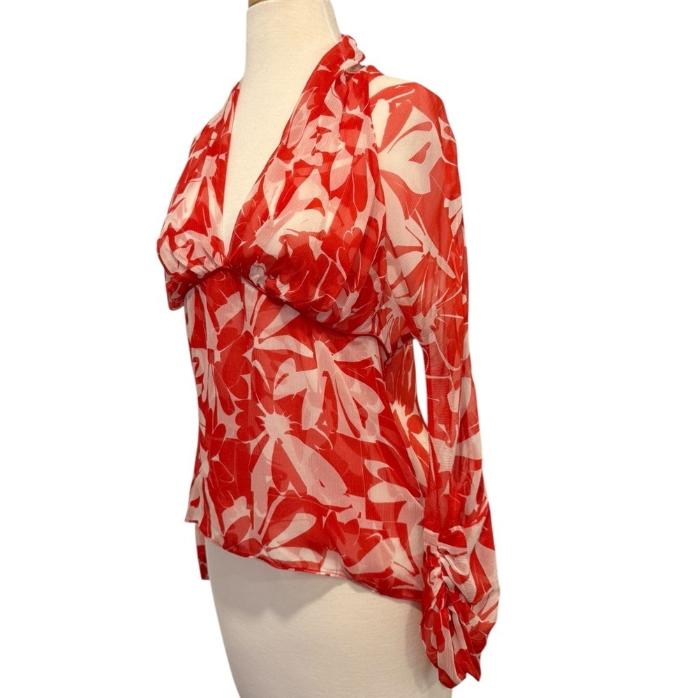 Yigal Azrouel Silk Chiffon Floral Empire Waist Blouse Red White Size 10 - Picture 2 of 10